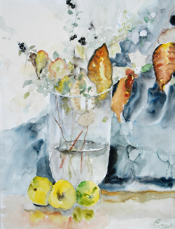 Herbstblumenstrau mit Quitten